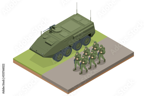 Isometric soldiers walk near an armored personnel carrier. Special force crew. Military concept for army, soldiers and war. Infantry fighting vehicle. BMP, fire support and transportation of personnel