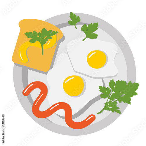 Breakfast with fried eggs and toast garnished with parsley. Vector flat illustration. Ketchup with mustard. Design element menu. Dish of the day for cafe. Healthy lunch. Food in hurry