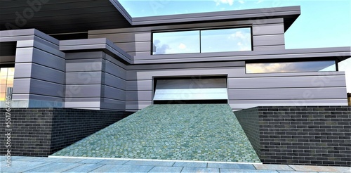 Entrance to the garage of the contemporary house with aluminium facade through the lifting metalic gate. 3d rendering.
