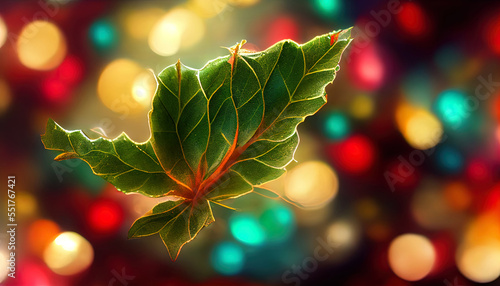 Holly leaf with blurred lights as christmas background