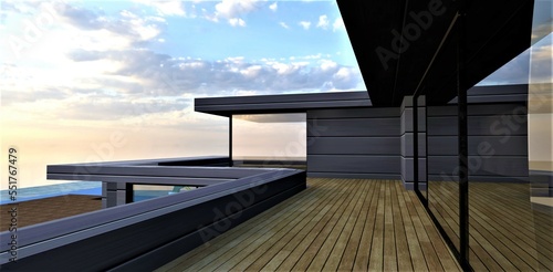 Stylish terrace of the contemporary subyrban house constructed in the ecological region acording to latest environmental standars. 3d rendering.