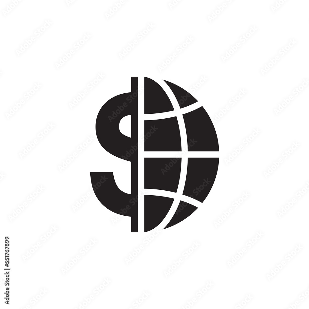 Dollar currency symbol with world globe icon - abstract logo type icon - isometric white background Dollar currency symbol with world globe icon - abstract logo type icon - isometric white background