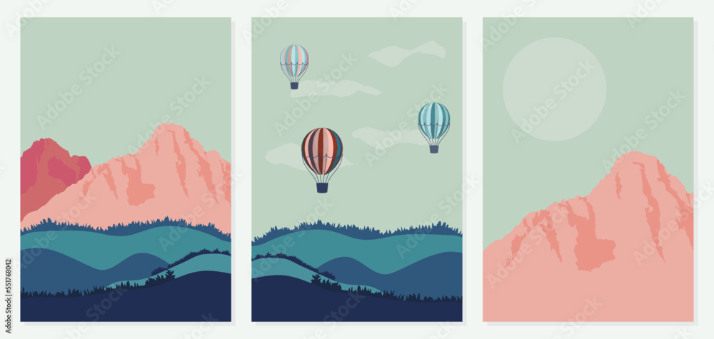 Set of Posters with Mountains, balloons and Moon. 