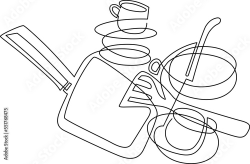 Stack of unwashed dishes. Still life on the kitchen table. Continuous line drawing. Vector illustration