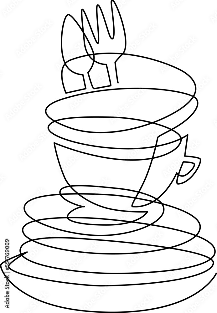 Stack of unwashed dishes. Still life on the kitchen table. Continuous line drawing. Vector illustration Stack of unwashed dishes. Still life on the kitchen table. Continuous line drawing. Vector illustration