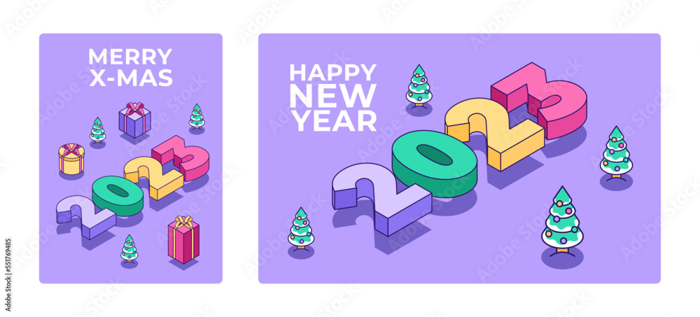 Fototapeta premium Happy New Year 2023 poster. Christmas tree and gift in cute minimalistic style. Creative concept for banner, flyer, cover, social media, design web page. Vector illustration concept