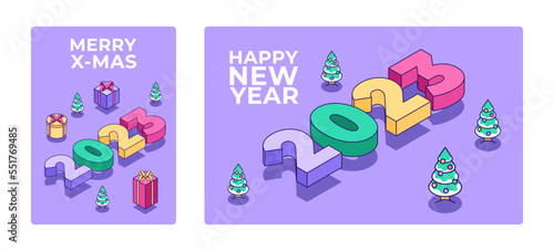 Happy New Year 2023 poster. Christmas tree and gift in cute minimalistic style. Creative concept for banner, flyer, cover, social media, design web page. Vector illustration concept
