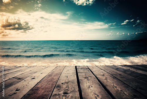 Wooden planks with a background of the ocean. Generative AI © AkuAku