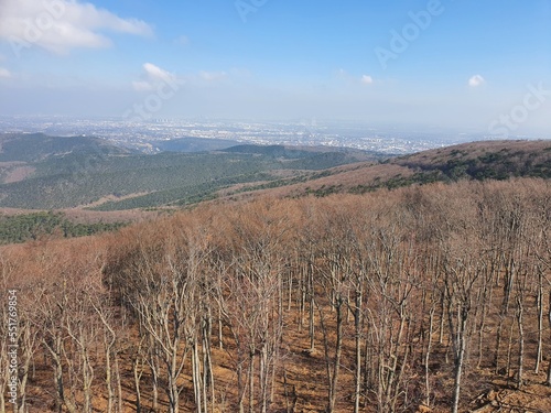 Wonderful panoramic view on a sunny day with clear blue sky. View from Anninger Peak in Lower Austria, Pfaffstaetten near Vienna, Austria