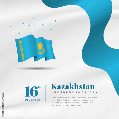 Square Banner illustration of Kazakhstan independence day celebration with text space. Waving flag and hands clenched. Vector illustration.