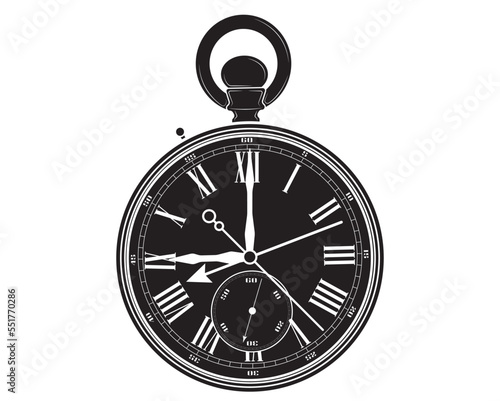 Black silhouette Old clock with stopwatch and Roman numerals. Vector illustration.