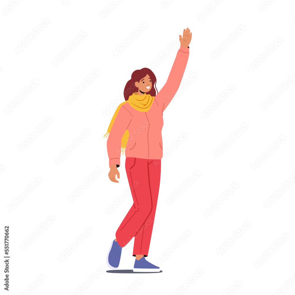 Happy Caucasian Female Character Waving Hand. Young Positive Woman Greeting Gesture, Cheerful Girl Excited Emotion