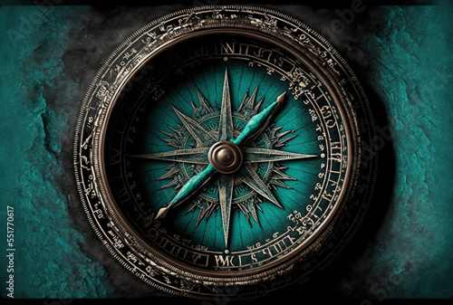 Image of a compass in turquoise.. Generative AI