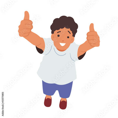 Happy Child Boy Looking Up Isolated on White Background. Cheerful Kid Character Showing Thumb Up Gesture