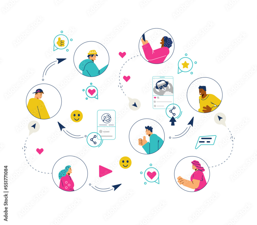 Social networks users sharing viral content, flat vector illustration isolated. Social networks users sharing viral content, flat vector illustration isolated.