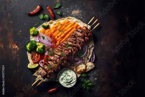 Delicious kebab on a high angle with fries and copy space.. Generative AI