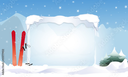 Pancarte de glace et  paire de ski rouge plantée dans la neige -illustration paysage enneigé