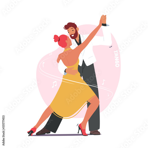 Young Couple Dancing Tango, Male and Female Partners Characters in Perform Dance on Scene. People Active Sparetime