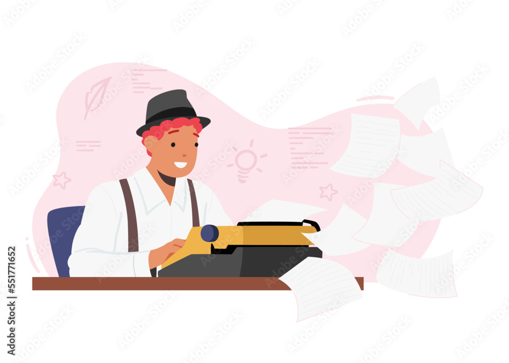 Inspired Creative Male Character Author, Writer Or Editor Sitting At Desk With Typewriter And Flying Papers Around