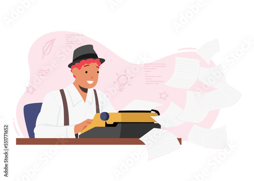 Inspired Creative Male Character Author, Writer Or Editor Sitting At Desk With Typewriter And Flying Papers Around