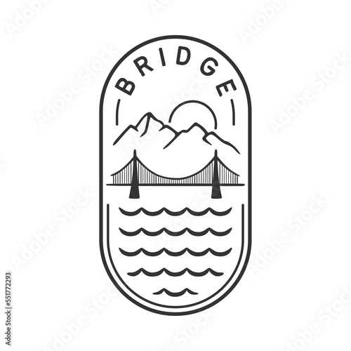Vector Illustration of Bridge and Mountain with Sunset in Line Art Style for Badge Logo, Icon, Tattoo and other Purpose.