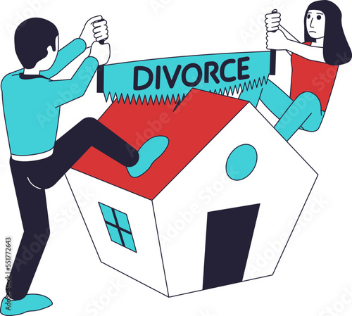 Divorced couple share property. The husband and wife are sawing the house with a two-handed saw.
