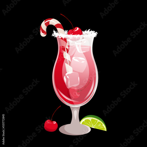 Shirley Temple cocktail.A festive drink decorated with a candy cane and a cherry.Christmas non-alcoholic cocktail.