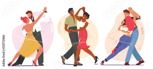 Young Couples Dancing Sparetime, Characters Active Lifestyle, Men and Women Spend Time Together Tango, Bachata or Salsa