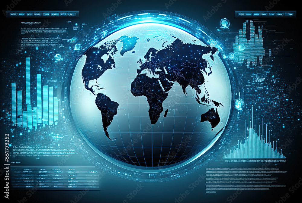 Blue world globe and communication indicators are displayed on a digital screen.. Generative AI Blue world globe and communication indicators are displayed on a digital screen.. Generative AI