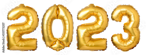 Leinwand Poster numbers 2023 made of  golden balloons isolated on white background