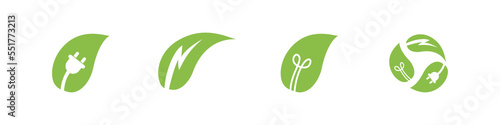 Green energy icon. Renewable eco power logo vector set. Green natural electricity. Leaf nature energy.