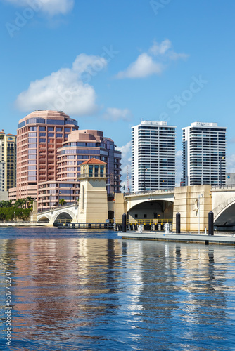 Royal Park Bridge and skyline portrait format in West Palm Beach, USA