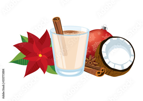 Coquito coconut eggnog drink icon vector. Puerto Rican eggnog with cinnamon and coconut icon set vector isolated on a white background. Christmas drink and decorations still life drawing