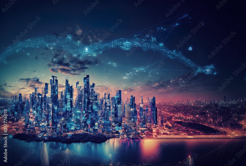 Fototapeta premium Concept of a smart city and communication network. Internet of Things (IoT) (information communication network).. Generative AI