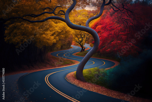 colorful twisty road in the fall. Generative AI