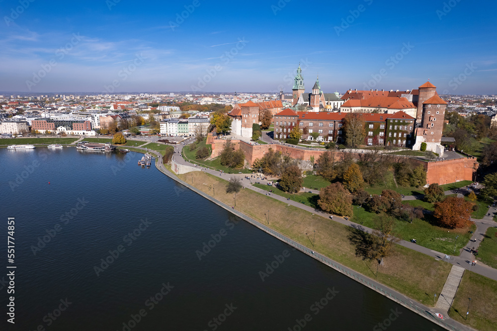Wawel Castle (Zamek na Wawelu) Kraków, Poland, Vistula river, aerial view, aerial landscape, aerial city, aerial photography, aerial view city