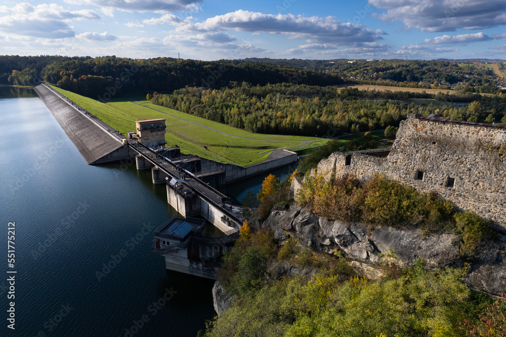 Dobczyce water dam, hydroelectric power plant, reservoir, aerial view. Lake  Dobczyce, Raba river. Zapora Dobczyce Stock Photo | Adobe Stock