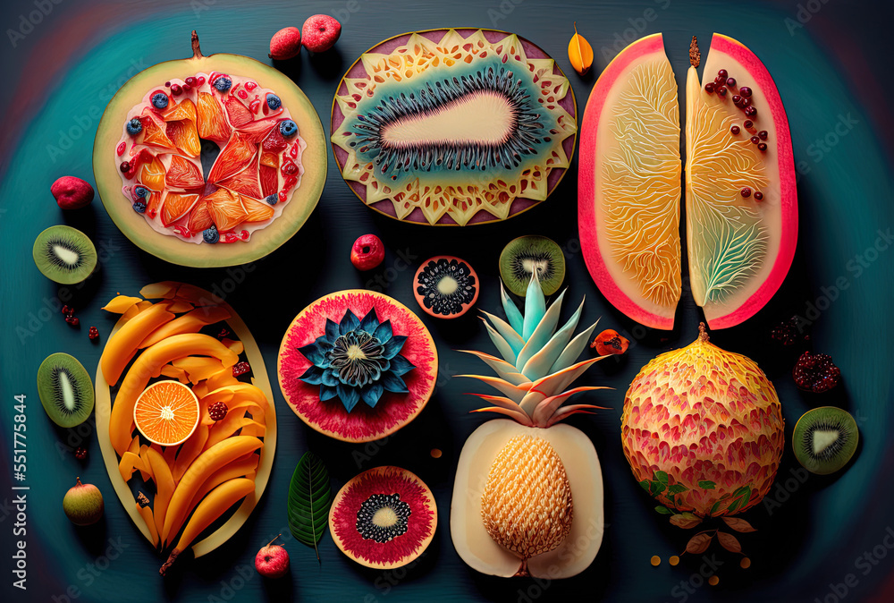 Various ethereal slices of tropical fruits. Generative AI