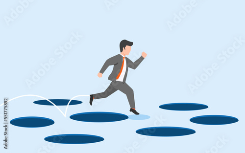 vector iilustration of a business man jumps between holes with confidence to reach the goal. experience makes business people more confident in facing all kinds of traps, obstacles and situations