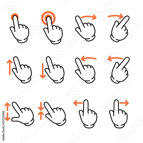 Touch gesture vector line icon set. Hand swipe and slide. 
Touchscreen technology, tap on screen, drag and drop. 
Smartphone mobile app or user interface design template.
 photo