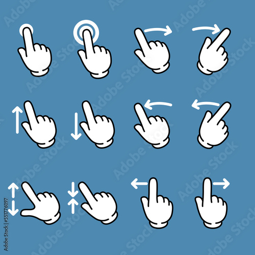 Touch gesture vector line icon set. Hand swipe and slide. 
Touchscreen technology, tap on screen, drag and drop. 
Smartphone mobile app or user interface design template.
