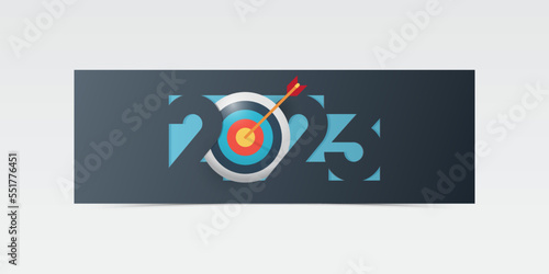 Happy New Year 2023 banner template design with business target and decoration for success and reaching for target and goal concept. Business banner for New Year in paper cut style. 