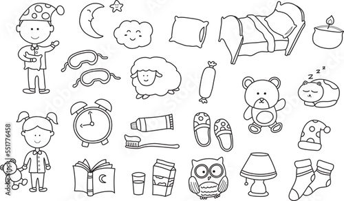hand drawn kids drawing Vector illustration set of sleep time, bed time icon in doodle style