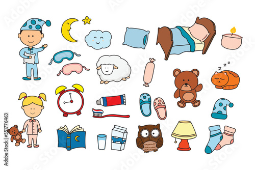 kids drawing Vector illustration set of sleep time,bed time icon in doodle style