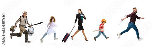 Collage. Set of different people of different professions and hobby running in a line over white background. Models in image of fisherman, doctor, stewardess, builder and architect photo