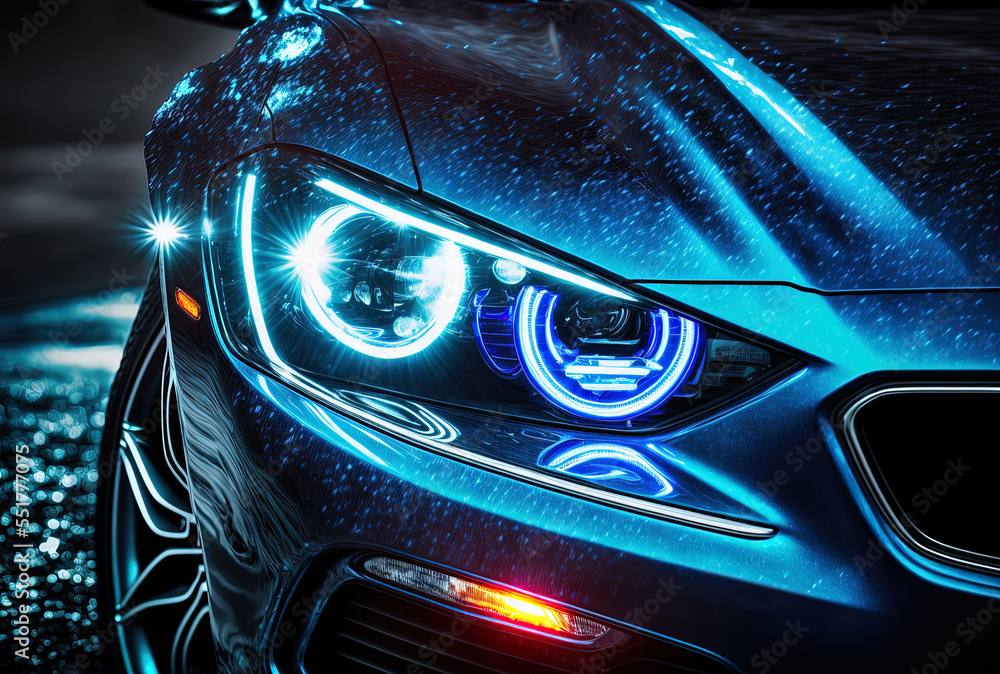 LED car headlight in blue. Generative AI