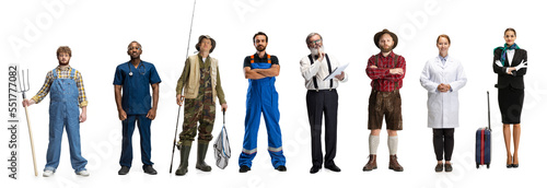 Set of different people of different professions standing in a line over white background. Chef, fisherman, doctor, farmer, gardener, teacher, professor, blacksmith, stewardess photo