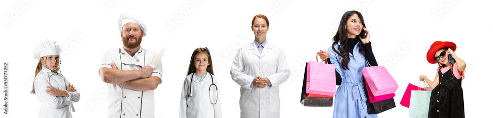 Set of different people with different professions, jobs standing isolated on white background. Chef, doctor, shopaholic. Adults and kids Set of different people with different professions, jobs standing isolated on white background. Chef, doctor, shopaholic. Adults and kids