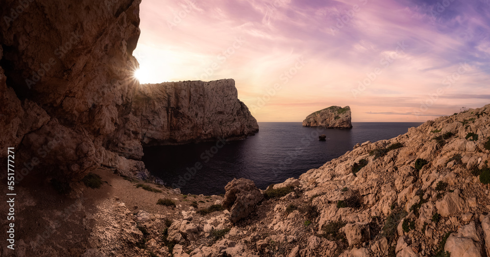 Panoramic View of Rocky Coast with Cliffs on the Mediterranean Sea. Sunrise Sky Art Render. Regional Natural Park of Porto Conte, Sardinia, Italy. Nature Background.
