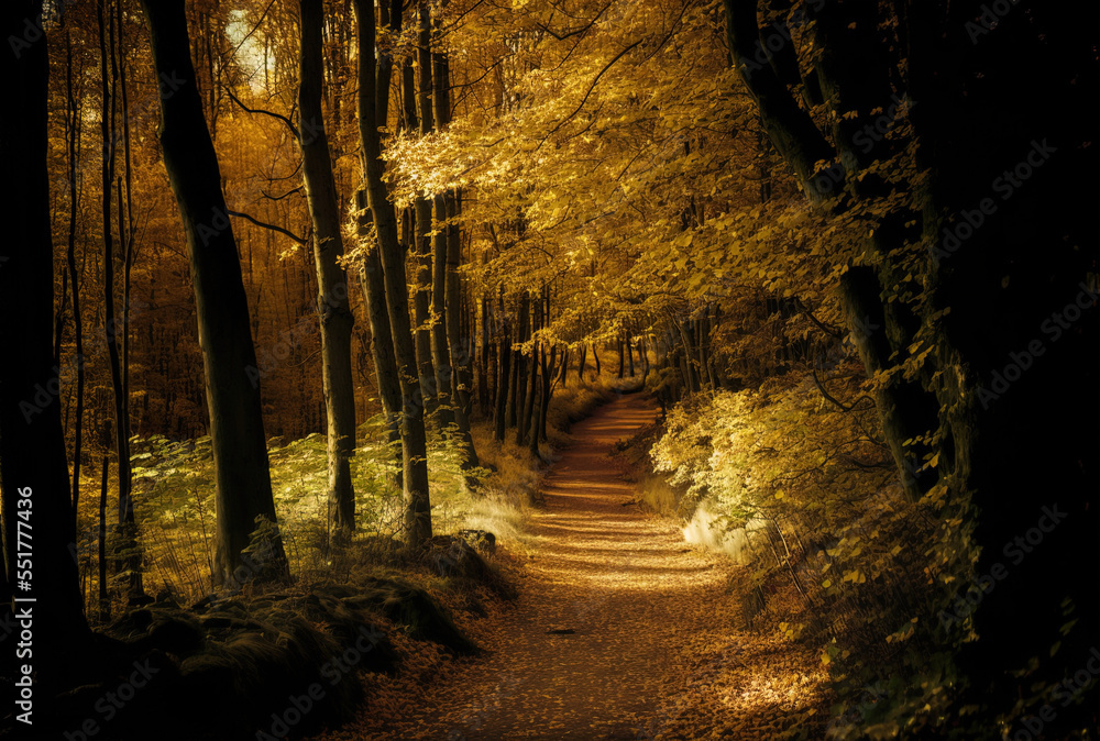 Narrow path in an autumn woodland with yellowing trees illuminated by the sun. Generative AI